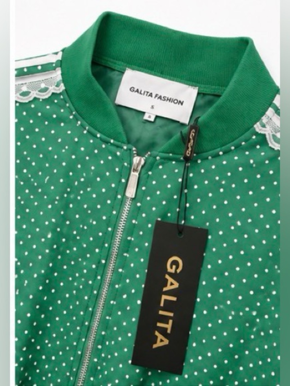 Galita Fashion NWT Green Polka Dot Lace Stripe Bomber Jacket Small